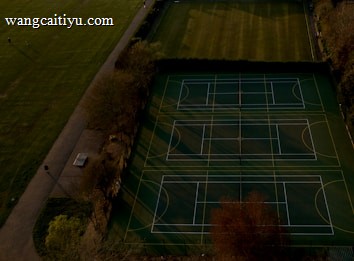 An aerial view of multiple tennis or sports courts next to a green recreational field, bordered by trees. The courts are marked with lines and look well-maintained. Shadows cast by trees stretch over parts of the courts and pathways.
